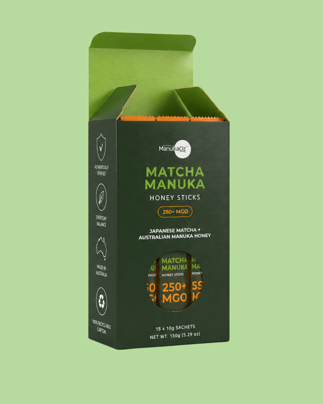 Matcha Manuka 250+MGO Box of Honey Sticks (15x10g Sachets)